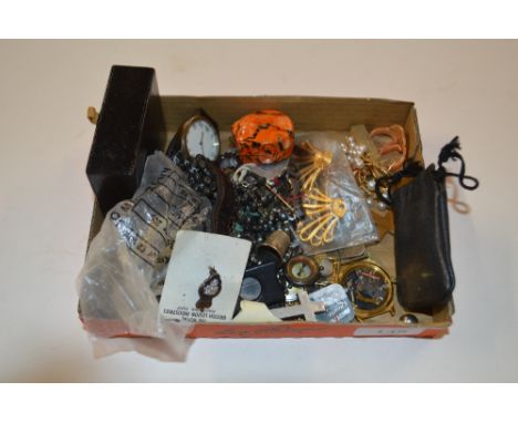 A box of various jewellery to include a silver thimble, wrist watch, crucifix, pendants, small compass, coinage etc.