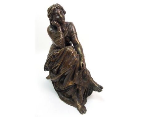 Pierre Alexandre Schoenewerk (1820-1885) Sappho patinated bronze of a seated lady holding a posy, 30cm high