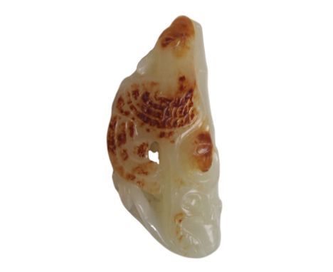 A Chinese jade carving of a bamboo stem and cockerel amongst foliage, 5cm high