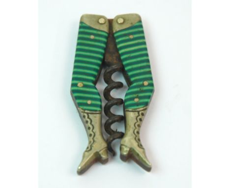 A German novelty folding pocket corkscrew in the form of a pair of ladies legs with green striped celluloid stockings, 6.5 cm