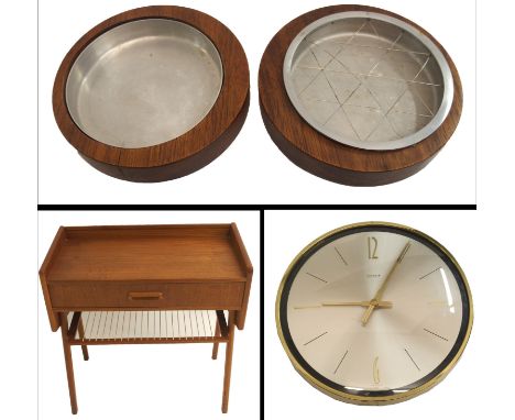 A pair of Jens Risom teak 1960's ashtrays (one missing wirework) together with a Kienzle automatic brass circular wall clock,