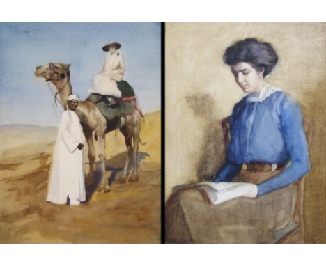 SCOTTISH SCHOOL (19th Century) PORTRAIT OF A LADY ON A CAMEL WITH HER GUIDE; PORTRAIT OF A SEATED LADY READING Watercolour, 3