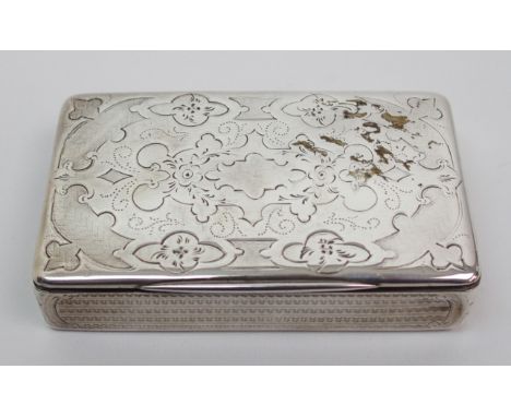 A Continental silver snuff box of rectangular form, with engine turned base and sides, the hinged cover with foliate engravin