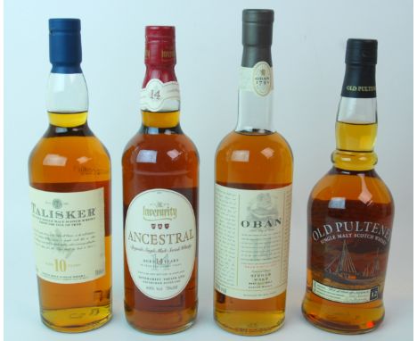 Inverarity Ancestral 14 year old Speyside single malt whisky 40%, 70cl, Oban single malt whisky, 43%, 70cl, in carton, Old Pu