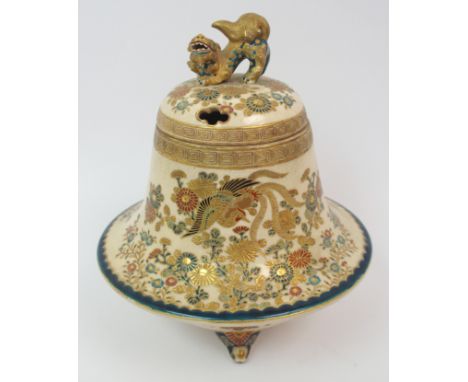 A Satsuma koro and cover the pierced cover with shishi finial amongst chrysanthemum and peonies, the rims with key pattern ba