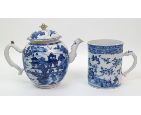 A Chinese export blue and white globular teapot and cover painted with pagodas on islands, beneath a cell pattern band, (mino