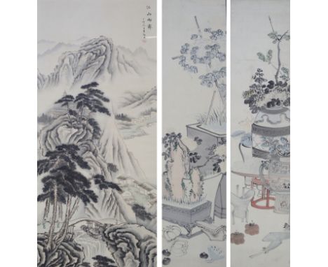 A Chinese landscape painting with tall pine trees before mountains, 114cm x 54cm, two scroll paintings of plants issuing from