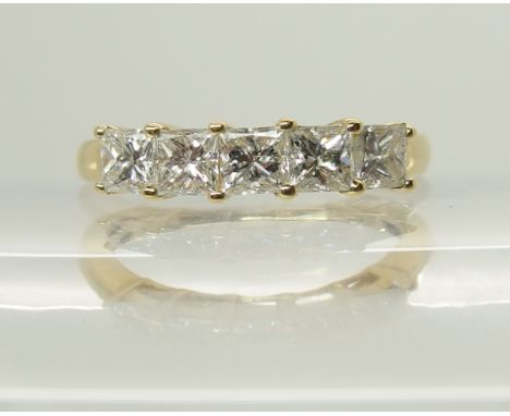 An 18ct gold five stone princess cut diamond ring by Iliana of estimated approx 1ct in total, finger size K, weight 2gms