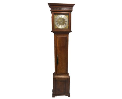 William Glover, Worcester, an oak longcase clock the brass face with pierced spandrels with vases and foliage, silvered chapt