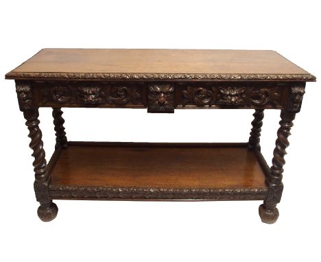 A Victorian oak buffet the rectangular top above a pair of carved animal head drawers divided by a mask above an open shelf a