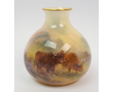 A Royal Worcester ovoid posy vase painted by Harry Stinton with Highland Cattle in a mountainous landscape, the verso with mo