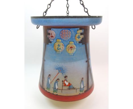 A crackle glass hall light painted with figures and Chinese lanterns, 27cm high