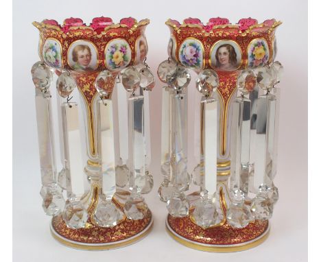 A pair of 19th century Bohemian cranberry and white glass lustres the scalloped top with alternate portrait and floral painte