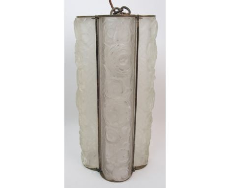 A frosted Art Deco glass ceiling light formed from four moulded and frosted glass panels of flowers, joined together by a whi