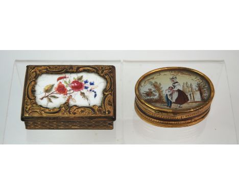 A gilt-metal and porcelain-mounted snuff box with hinged lid, decorated top and underside, 6 x 4.5cm and a gilt-metal and pai