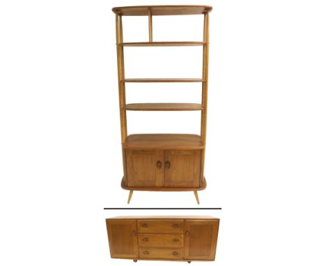 An Ercol room divider with adjustable shelves over cupboard base, 192cm high x 92cm wide and a matching sideboard with three 