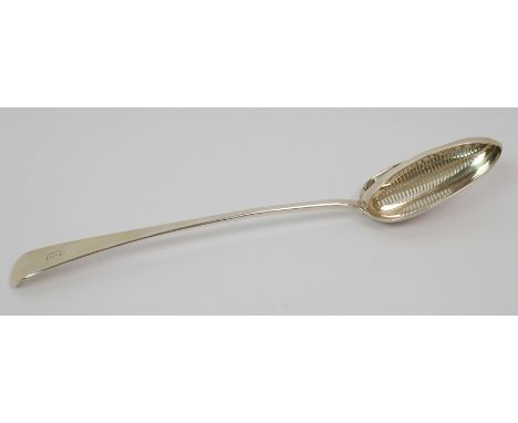 A George III silver straining spoon by Richard Crossley, London 1797, the ovoid bowl with central straining comb, the finial 