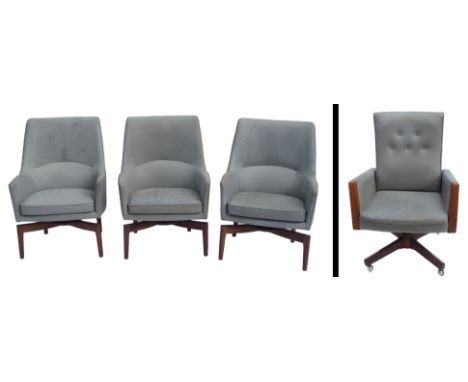 Three Jens Risom 1960's grey leather swivel chairs 104cm high and a grey matching leather button back swivel recliner (4) Thi