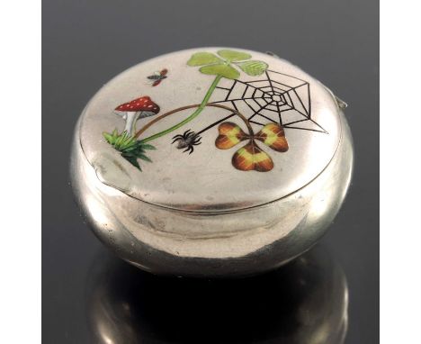 A silver and enamelled pill box, Heinrich Levinger, Germany, import marks Birmingham 1899, squat ovoid form, with champleve e