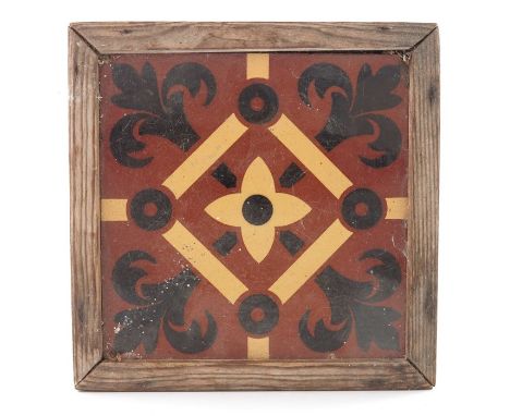 A W N Pugin (attributed) for Minton, a Gothic Revival encaustic tile, brown white and beige foliate and quatrefoil motifs, 15