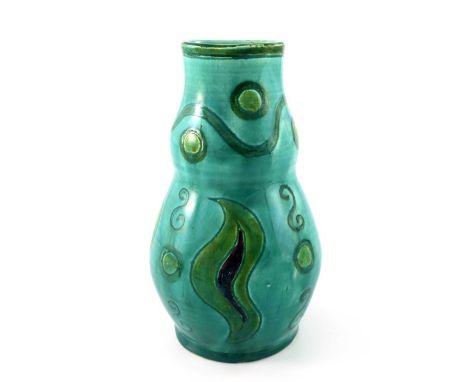 Annie Smith for Della Robbia, an art pottery vase, 1896, double gourd form incised with foliate lappets, S scrolls and wave a