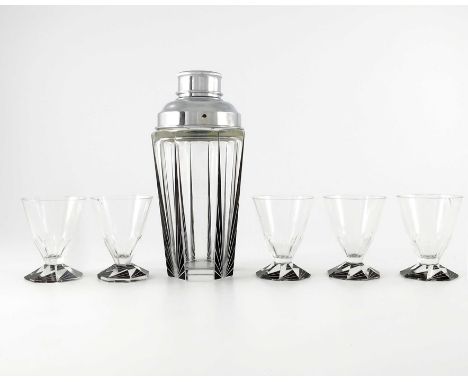 Karl Palda for Haida (attributed), a Bohemian Art Deco enamelled glass cocktail set, the octagonal section shaker with cut su