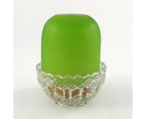 A Victorian cased glass fairy lamp, on Clarke's stand, frosted domed shade, green over opaque, 9.5cm high