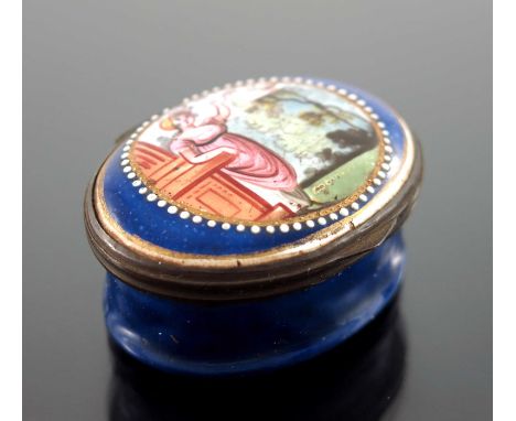 An 18th century Bilston enamel snuff box, oval form, painted with a scene of a woman feeding a bird, within gilt and jewelled