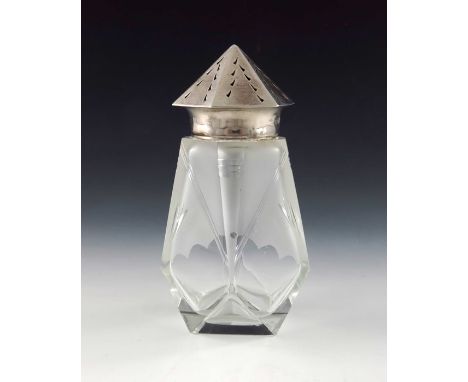 An Art Deco silver and cut glass shaker, William Hutton and Sons, Birmingham 1929, the hexagonal section conical lid on an et