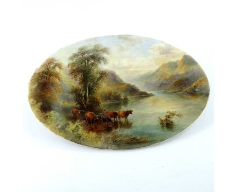 John Stinton for Royal Worcester, a Highland cattle plaque, 1917, with a named view Lock Lomond to reverse, signed, puce mark