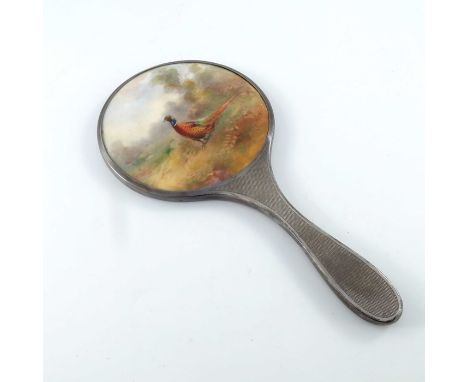 James Stinton for Royal Worcester, a pheasant painted silver mounted hand mirror, silver mount Sanders &amp; Mackenzie, Birmi