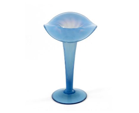 An Arts and Crafts blue opal glass trumpet vase, circa 1890, ribbed of Jack in the Pulpit type with curled rim, blue body wit