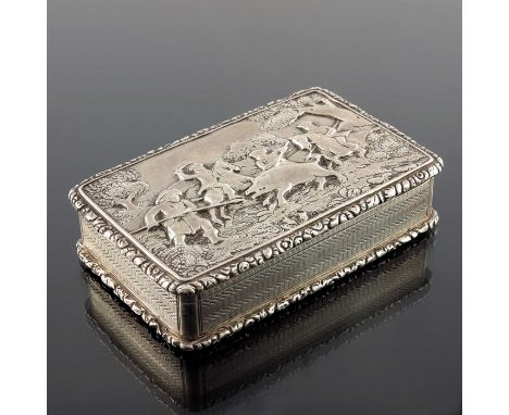 A George IV silver snuff box, Ledsam, Vale and Wheeler, Birmingham 1826, cuboid form, embossed to the lid with a boar hunting