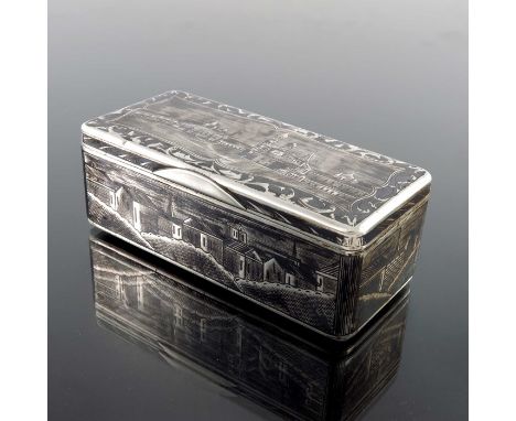 An Imperial Russian silver and niello enamelled snuff box, Moscow 1852, cuboid form, decorated with images of St Petersburg, 