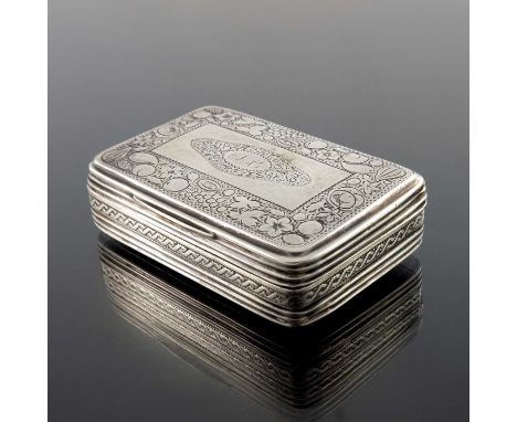 A George III silver snuff box, Samuel Pemberton, Birmingham 1814, cuboid form, chased with a border of fruit to the lid and b