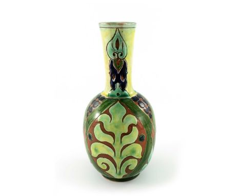 Annie Jones for Della Robbia, an art pottery vase, ovoid form with shaft neck, incised and slip decorated with leafy fronds w