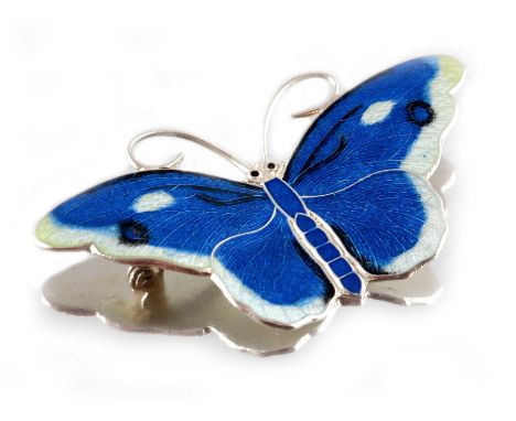Hroar Prydz, a Norwegian silver and enamelled butterfly brooch, basse taille engraved and realistically decorated in blue, wh