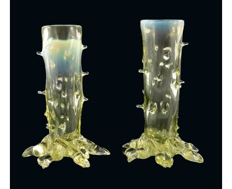 Thomas Webb or John Walsh Walsh, a pair of Victorian straw opal glass thorn vases, each of naturalistic tree stump form with 