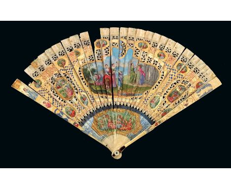 A late 17th or early 18th century painted ivory brise fan, circa 1700, the sticks painted and pierced with allegorical scenes