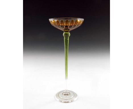 Ludwig Sutterlin for Petersdorfer, a Jugendstil enamelled liqueur glass, circa 1904, the shallow bowl with gilt and yellow en