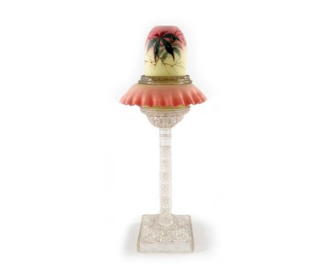 Thomas Webb, a Queens Burmese peach glass fairy lamp on moulded glass pedestal stand, the hobnail column and cup supporting a