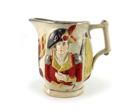 A Staffordshire relief moulded commemorative jug, for Marquis Wellington and General Hill, circa 1813, painted with half leng