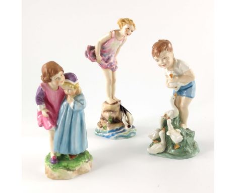 F Doughty for Royal Worcester, three figures including Sea Breeze, Young Farmer and Babes in the Wood, 20.5cm high (3)