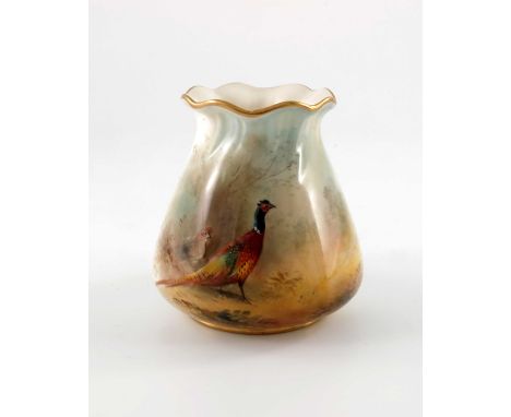James Stinton for Royal Worcester,  pheasants in landscape painted vase, 1931,  conical form with crimped gilded rim, signed,