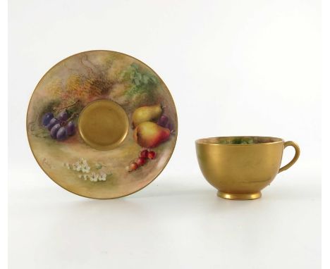 Ricketts for Royal Worcester, a fruit painted cup and saucer, circa 1916, the cup interior with plums and rose hips, the sauc