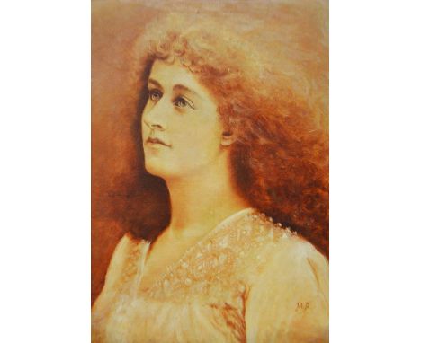 19th or 20th century school, portrait of a woman, oil on canvas, sepia, monogram MA, 35cm x 24cm, framed