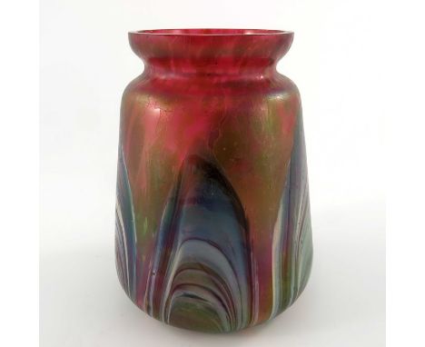 Rindskopf, a Secessionist iridescent glass Pulled Feather vase, conical shouldered form, opal lustre over cranberry, 15cm hig