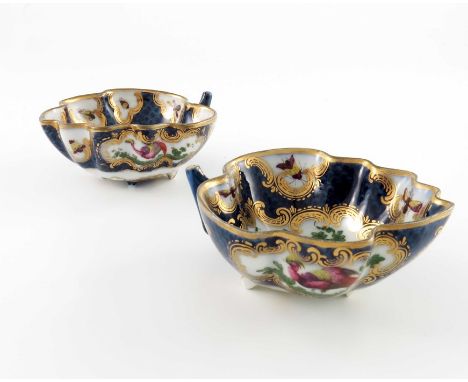 Samson of Paris,  a pair of leaf form pickle dishes, painted with exotic birds within a blue scale field and gilded cartouche