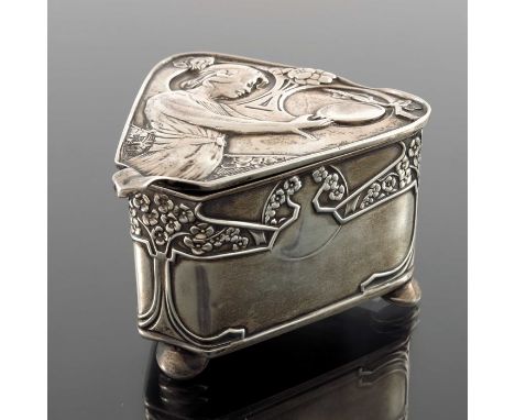 Kate Harris for G L Connell, an Arts and Crafts silver inkwell, London 1902, triangular section, the lid embossed with an Art