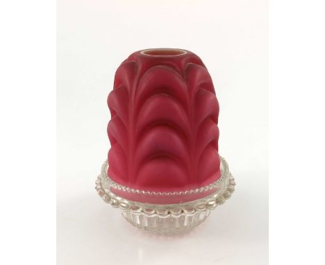 A Victorian cased glass fairy lamp, on Clarke's stand, the relief moulded swagged shade, cranberry over opaque, 13.5cm high